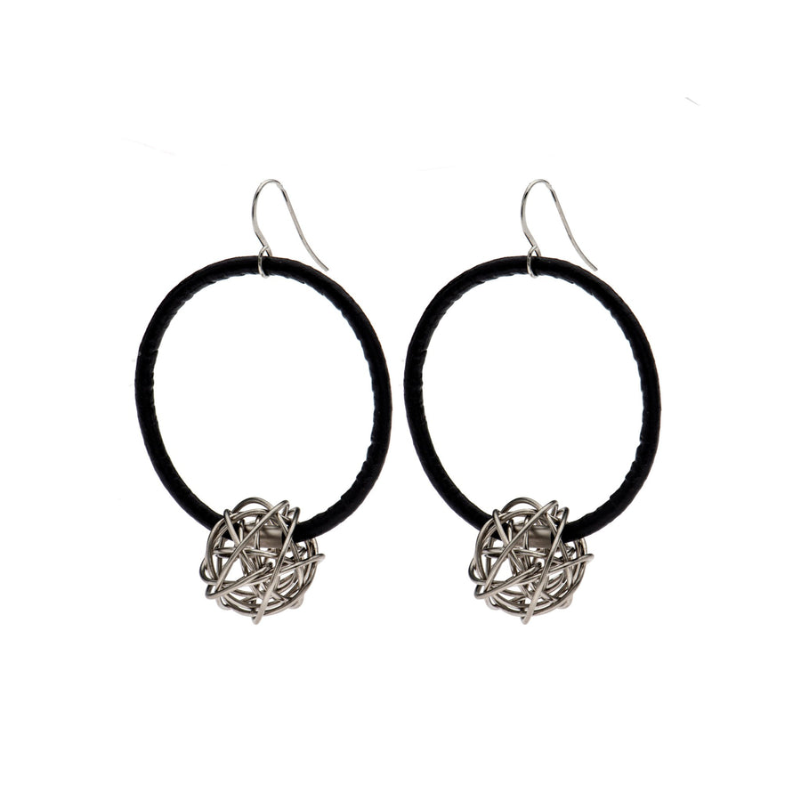 Aria Black hoop earrings with sterling silver wire ball.
