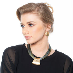 Rose - Elegant olive green, grey and gold necklace with gold hammered earrings