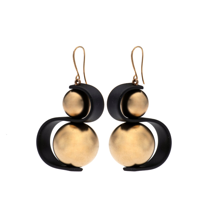 Audrey gold ball & black wave earrings.