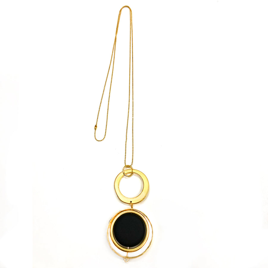 Lorin - High-Style 24K gold long geometric pendant necklace with black flattened bead