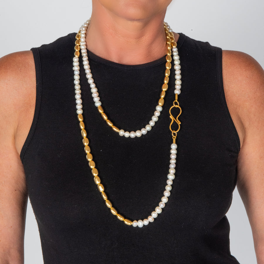 Michelle - Classic white & gold pearl thread necklace