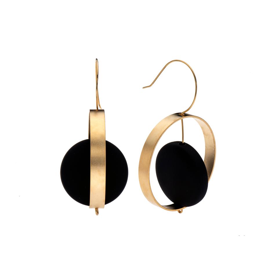 Abigail: Black and gold women's hoop earrings with Black twisting disc Black gold Abigail: Black and gold women's hoop earrings with Black twisting disc Black gold